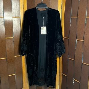 Johnny Was Love velvet kimono jacket with eyelet embroidery.